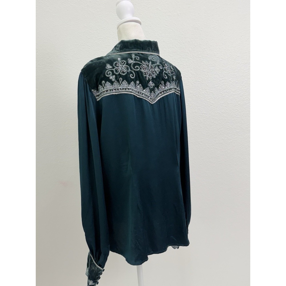 Vintage Shyanne Velvet Trim Embroidered Western Blouse XL Green Boho - Picture 4 of 9